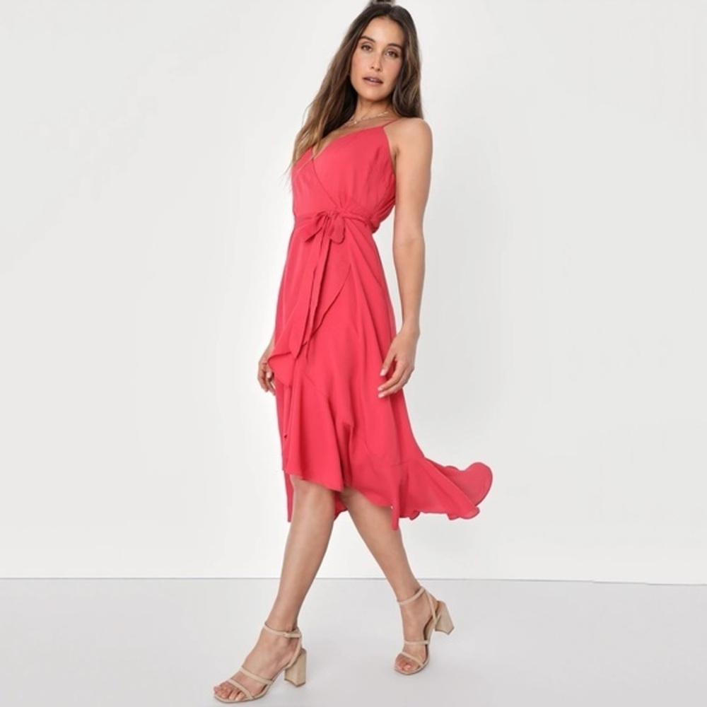 Lulus Manhattan Moment Berry Pink Ruffled Midi Wrap Dress